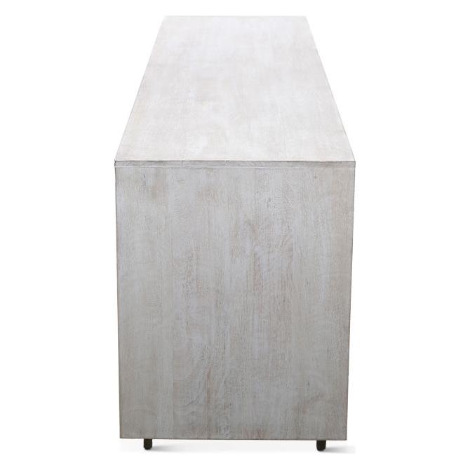 The Terra Noir Sideboard Media Cabinet features a side view of its rectangular design, showcasing a weathered wooden finish. Made from horn and mango wood, it has a sleek surface on dark legs, providing a minimalist style for modern or rustic settings.