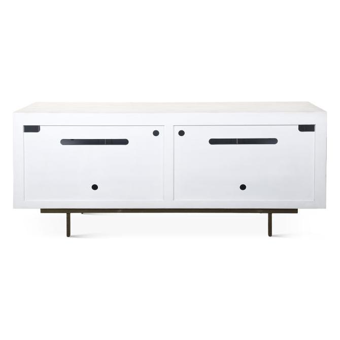 The Terra Noir Sideboard Media Cabinet is a modern piece with a minimalist design, crafted from horn and mango wood. It features two large doors with sleek black handles and stands on slender, angled metal legs. The flat top surface is ideal for displaying decorative items.