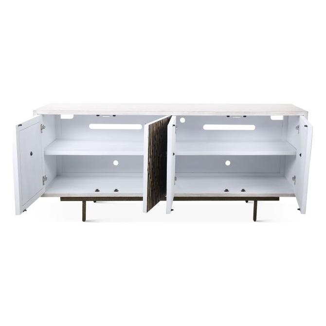 The Terra Noir Sideboard Media Cabinet is a white wooden media unit with open compartments, two sets of double doors featuring a slatted design, interior shelves with cable cutouts, and metal legs. Crafted from durable horn and mango wood, it offers a flat, spacious top surface.