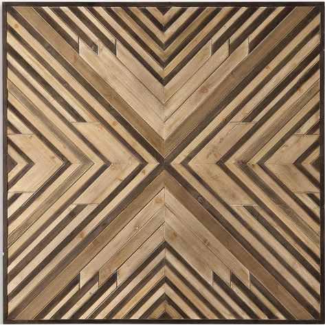 A square wooden artwork composed of various shades of beige and brown planks arranged in a symmetrical, chevron pattern. This Thorin Wood Wall Decor features intricate, converging lines that create a central focal point and four mirrored triangular sections, with a textured appearance.