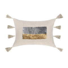 Decorative pillow with tassels and a striped pattern on a white background