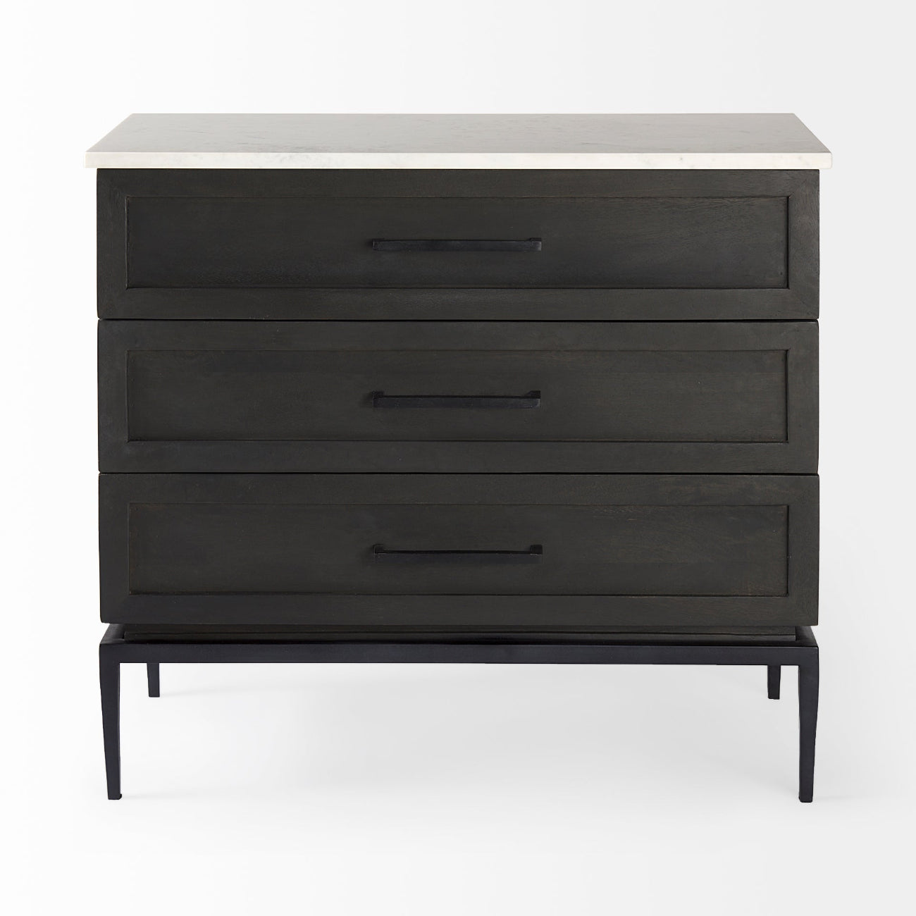 Black dresser with three drawers on a white background