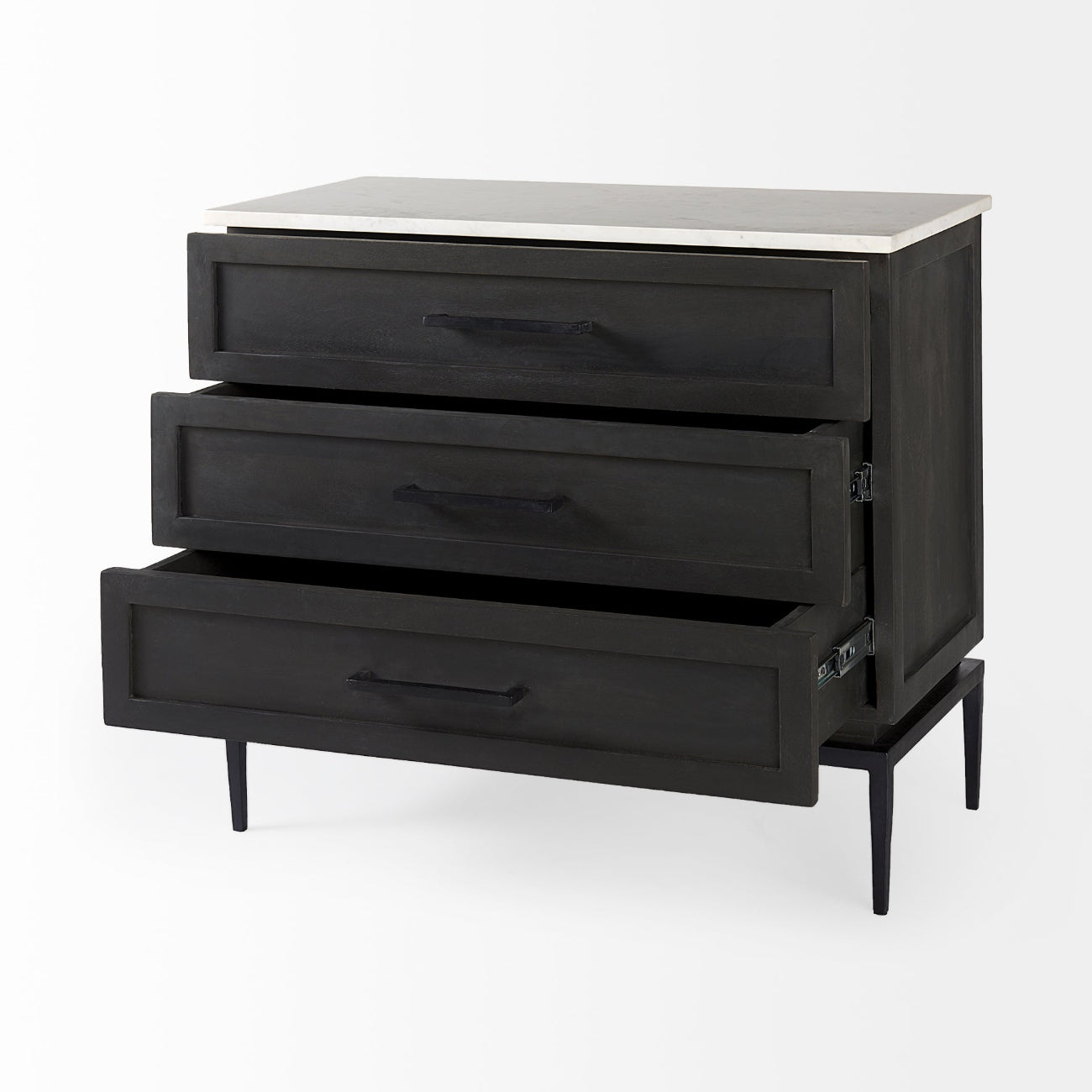 Black dresser with three drawers on a white background
