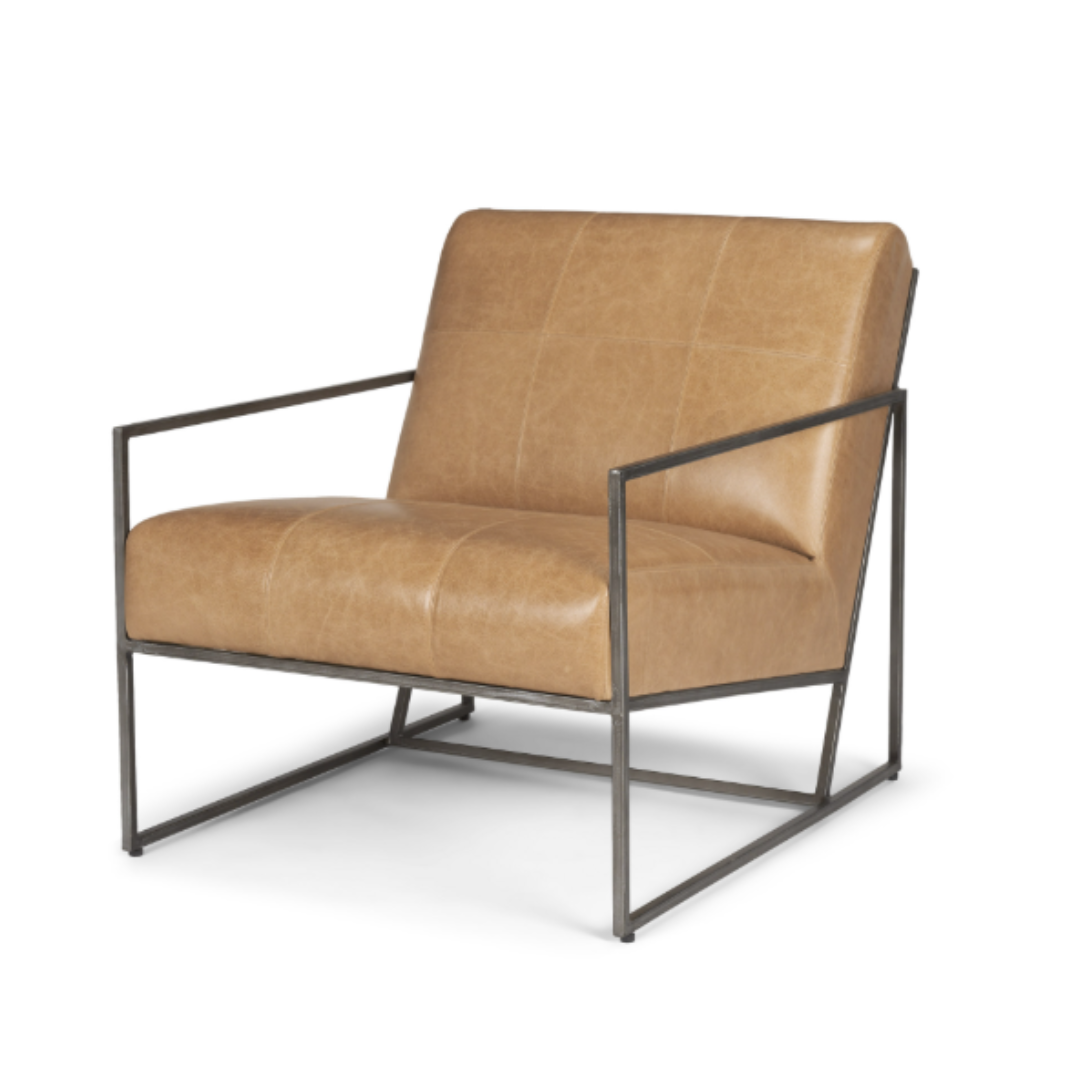 The Vercelli Handcrafted Leather Accent Chair features light brown buffalo leather and a minimalist black metal frame. Its smooth seat, backrest, and subtle stitching embody modern minimalism, providing comfort and style against a plain white background.
