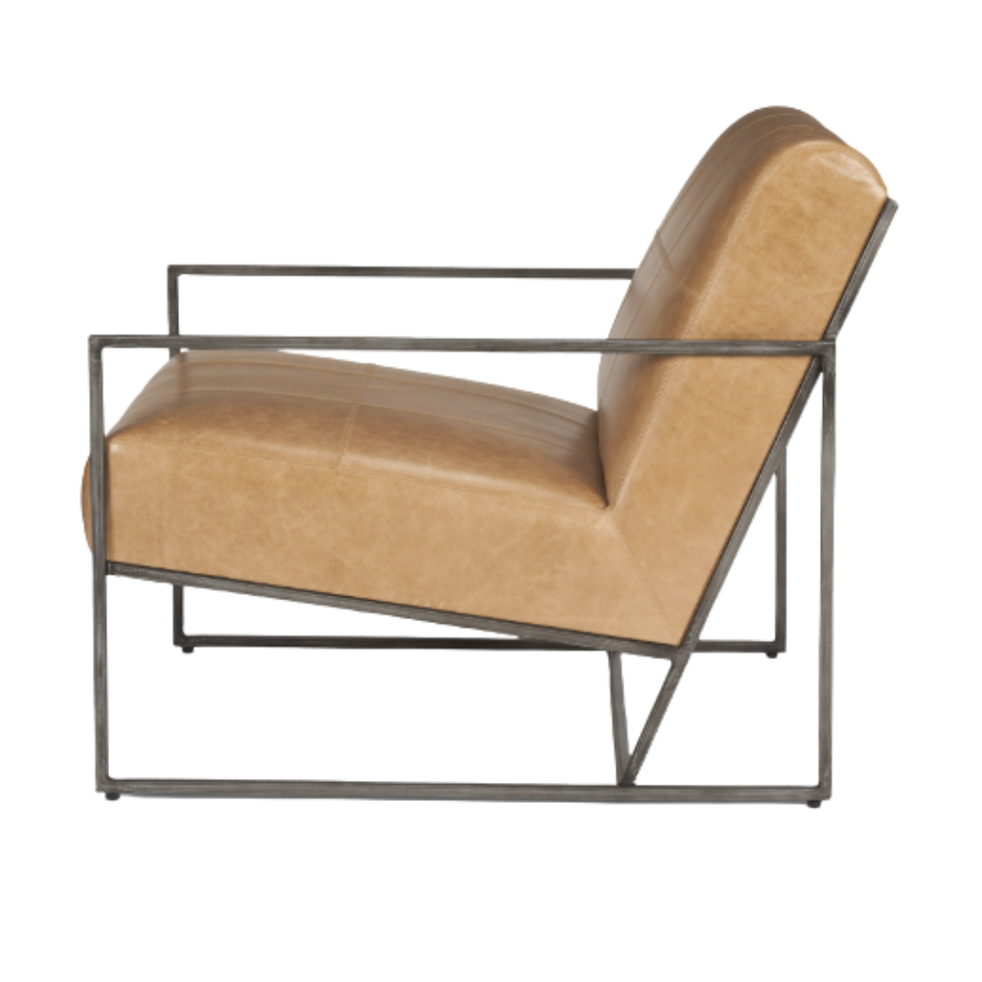 Side view of the Vercelli Handcrafted Leather Accent Chair, highlighted by its modern minimalist design with tan buffalo leather cushioning and a sleek black metal frame. Its clean-lined geometric design features a slightly reclined backrest and square base, adding contemporary charm.