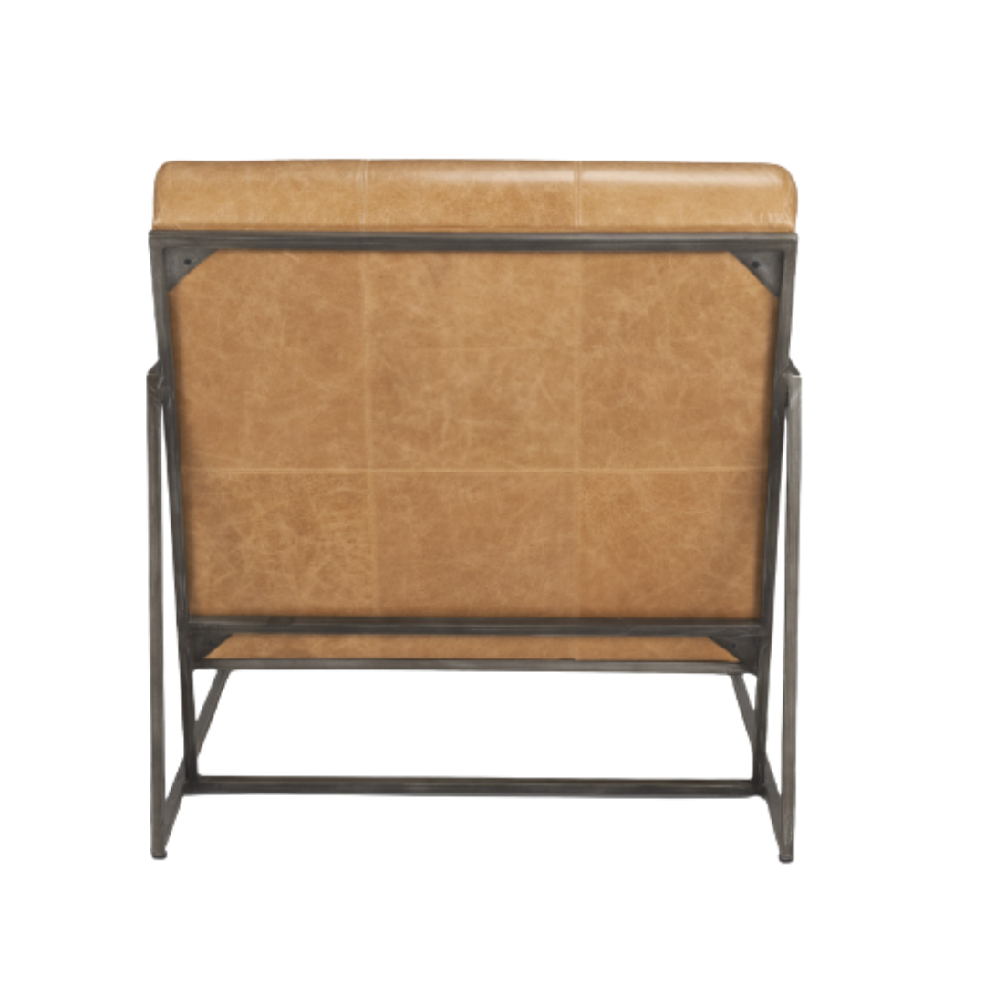 The rear view of the Vercelli Handcrafted Leather Accent Chair showcases a brown buffalo leather backrest framed by black metal. Its worn leather adds a vintage touch, while angular lines and corner supports offer modern minimalism with an industrial flair; the seat cushion is concealed.