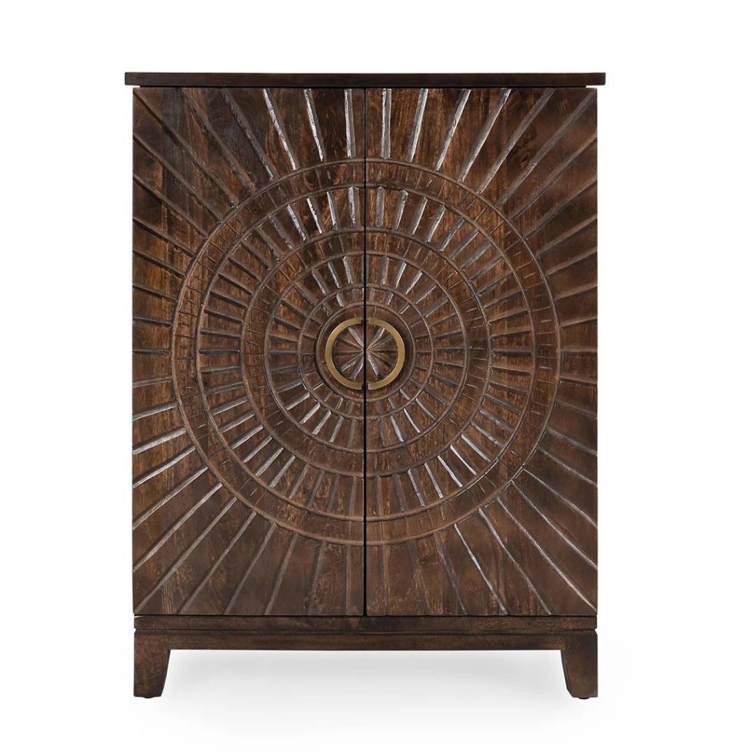 Wooden cabinet with sunburst design on a white background