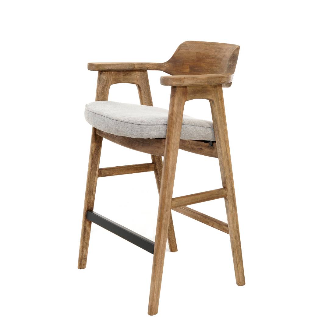 Wooden bar stool with a white cushion on a white background