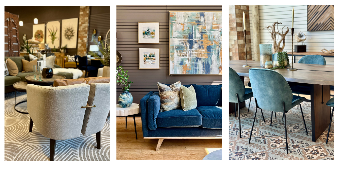 Three images of the showroom at Change Everything Furniture and Design Services. An accent chair with a decorative gold handle on the back, a blue sofa styled with modern art pieces, and a wood dining table with turquoise dining chairs