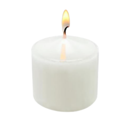 A White Small Candle stands upright on a white background, its smooth, unused surface and single black wick are visible as the lit candle produces a small yellow-orange flame.