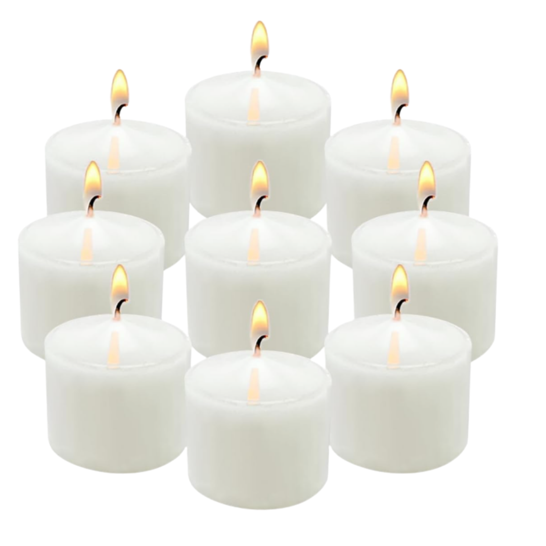 Nine White Small Candles are arranged in a grid, each lit with an orange-yellow flame. Placed on a plain white background, the candles create a clean and simple look.