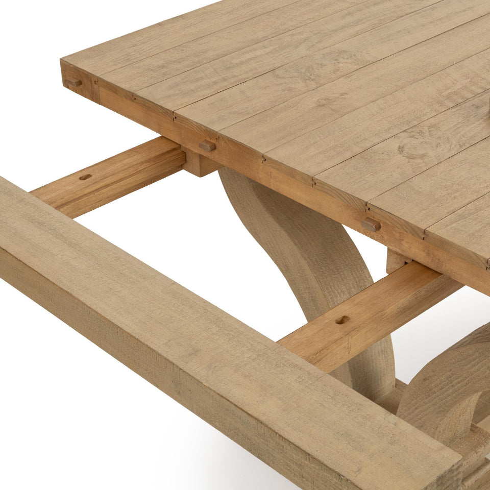 Close-up of a wooden extension table with a white background