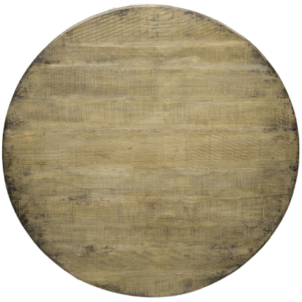 The Sadie Dining Table features a round wooden top made from reclaimed pine wood with a natural finish. The surface showcases the wood grain texture, with subtle variations and slight imperfections giving it a rustic look. Resting on a hand-forged iron pedestal base, its edges appear smooth, and the color ranges from light to medium brown, enhancing its organic appearance.

The Sadie Dining Table
