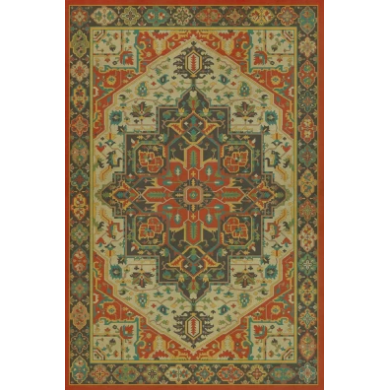 Introducing the Author Vinyl Rug: an intricately patterned, multi-colored oriental vinyl rug featuring a rich red border. The central geometric medallion displays beautiful shades of green, blue, red, and beige, surrounded by symmetrical and complex designs and motifs that include florals and abstract shapes. Its beige background masterfully accentuates the vibrant patterns.