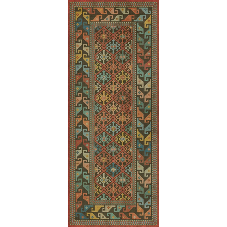 The Baba Yaga Vinyl Rug features a rectangular shape with geometric diamond and star motifs in earthy red, blue, yellow, green, and beige tones. Its timeless Southwestern or Kilim-inspired design includes a symmetrical border.