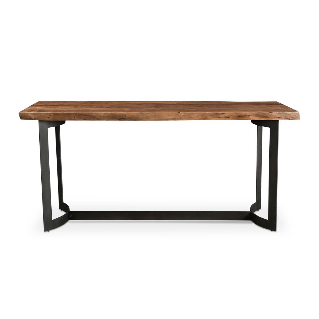 The Bentley Live Edge Counter Table features a thick natural wood tabletop with black metal sled legs and a support bar, creating a rustic industrial look, displayed against a plain white background.