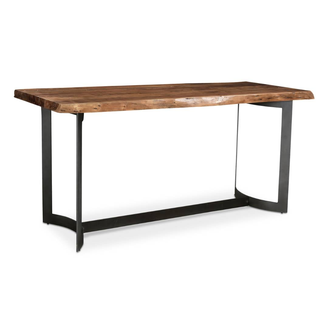 The Bentley Live Edge Counter Table features a solid acacia wood, natural-edge tabletop with rich grain patterns, paired with sturdy black metal legs in a geometric base for a modern look.