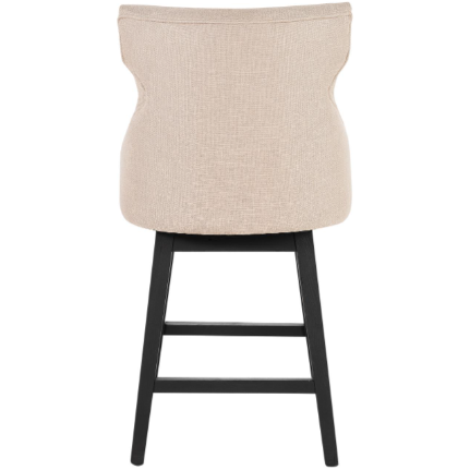 The Letty Swivel Counter Stool in beige upholstery features a curved backrest, black wooden base with four legs, and dual footrests. Its sturdy build and modern look suit contemporary dining or bar spaces perfectly.