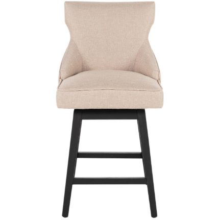 The Letty Swivel Counter Stool, Black, features a cushioned seat with modern upholstery on a wingback design. Its sleek woven fabric offers elegance, supported by four dark wooden legs and two horizontal bars. It complements various décor settings with its contemporary style.