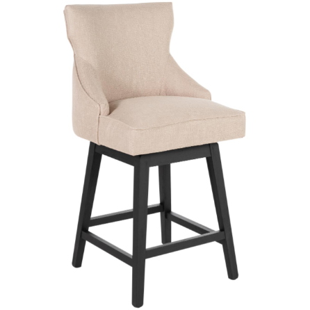 The Letty Swivel Counter Stool, Black, showcases modern elegance with biscuit polyblend upholstery. This beige barstool features a curved backrest and plush seat on a black oak base with four legs and a square footrest, blending comfort with contemporary design.