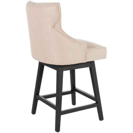 The Letty Swivel Counter Stool in beige features a high backrest and cushioned seat, all on a dark wooden frame. Its sturdy design includes footrests on three sides, highlighting the contrast between modern upholstery and wood.