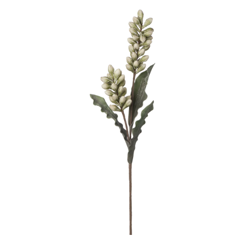 The Desert Pod is a single artificial botanical stem with two clusters of small, oval cream-colored buds and long, serrated dark green leaves on a slender brown stem, set against a white background.