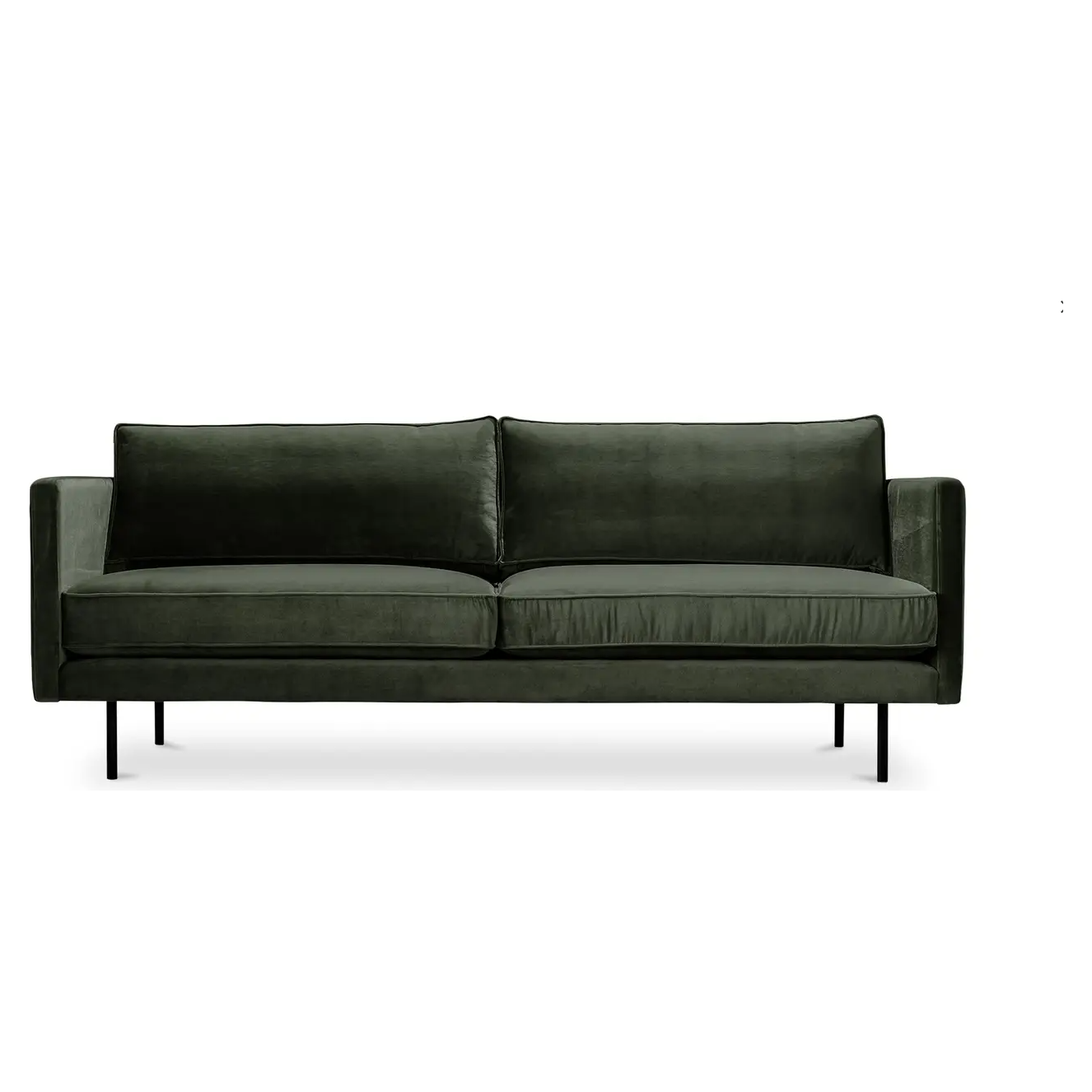 The Dixon Sofa in dark green polyester velvet, with its minimalist mid-century modern design, features two large back cushions and a two-section seat cushion. It has sleek straight arms and black metal legs, all showcased against a white background.