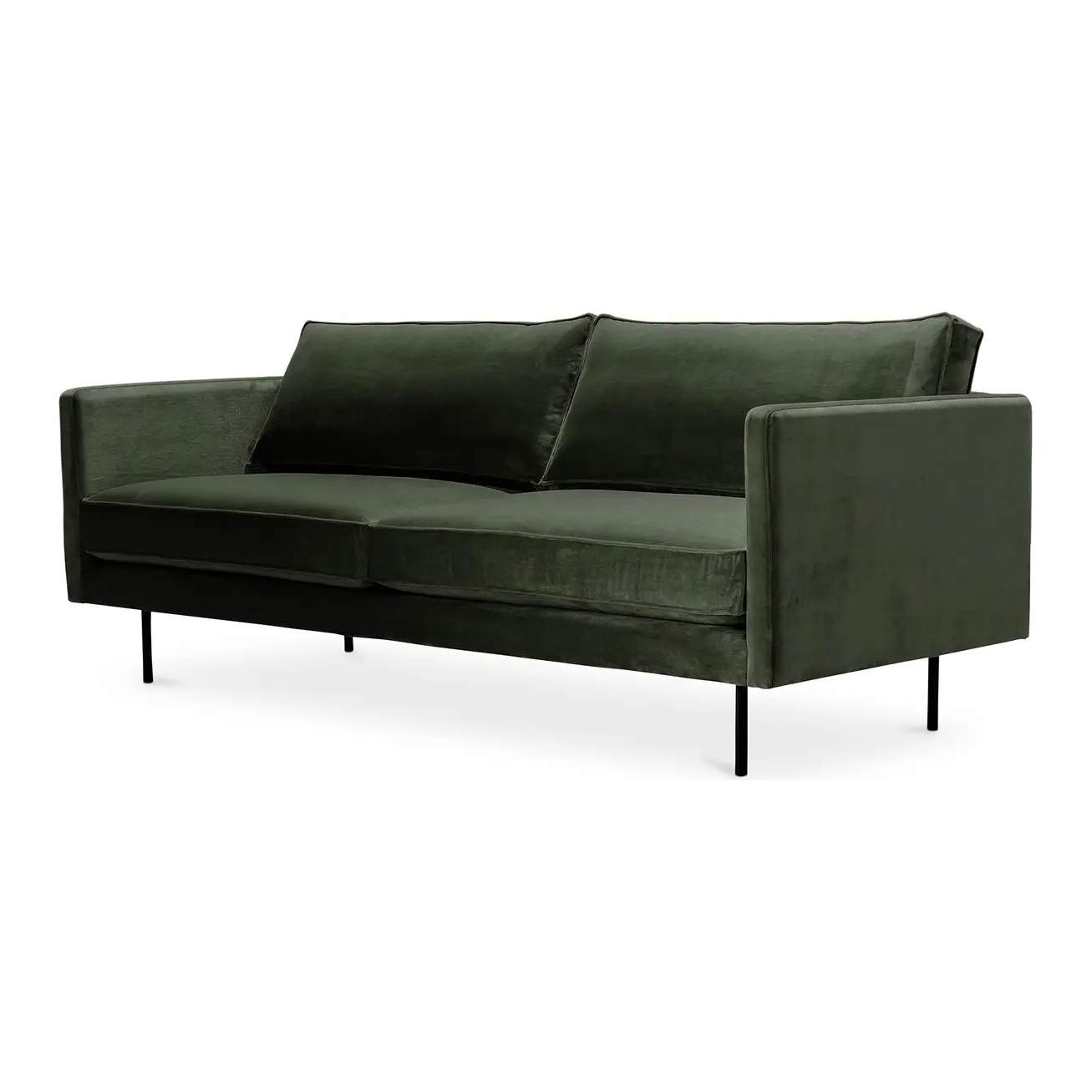 The Dixon Sofa, Green is a dark green polyester velvet piece with a minimalist design. It has clean, straight lines, two large back and seat cushions, thin black metal legs for an elevated touch, and straight armrests that align seamlessly with the backrest for a mid-century modern look.