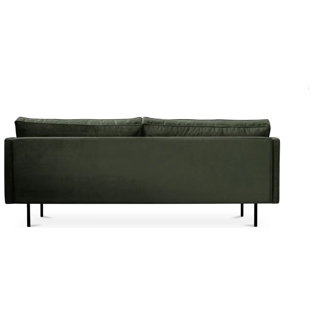 The Dixon Sofa, Green, exudes mid-century modern charm with its minimalist design. From the back, it features two large cushions, straight lines, and thin black metal legs. The soft polyester velvet upholstery sits against a plain white background.