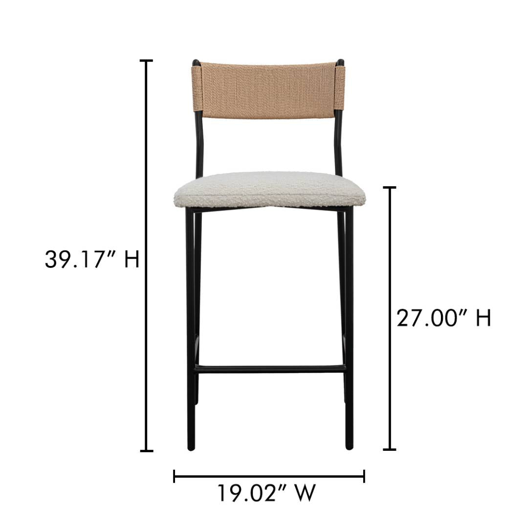 Front view of the Soren Performance Fabric Counter Stool with black metal legs, beige paper rope back, and light performance fabric seat. Dimensions: overall height 39.17", seat height 27", width 19.02".