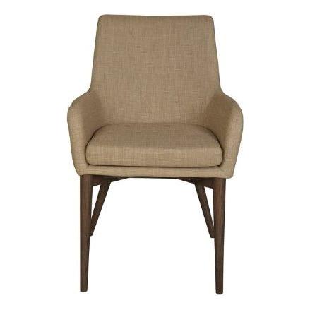 A Franny Arm Dining Chair with a high, slightly curved backrest and armrests. The chair has a cushioned seat with a removable cover and is supported by four slim, tapered Ash wood legs in a dark brown finish. The overall design is modern and simple, perfect for complementing your dining table.