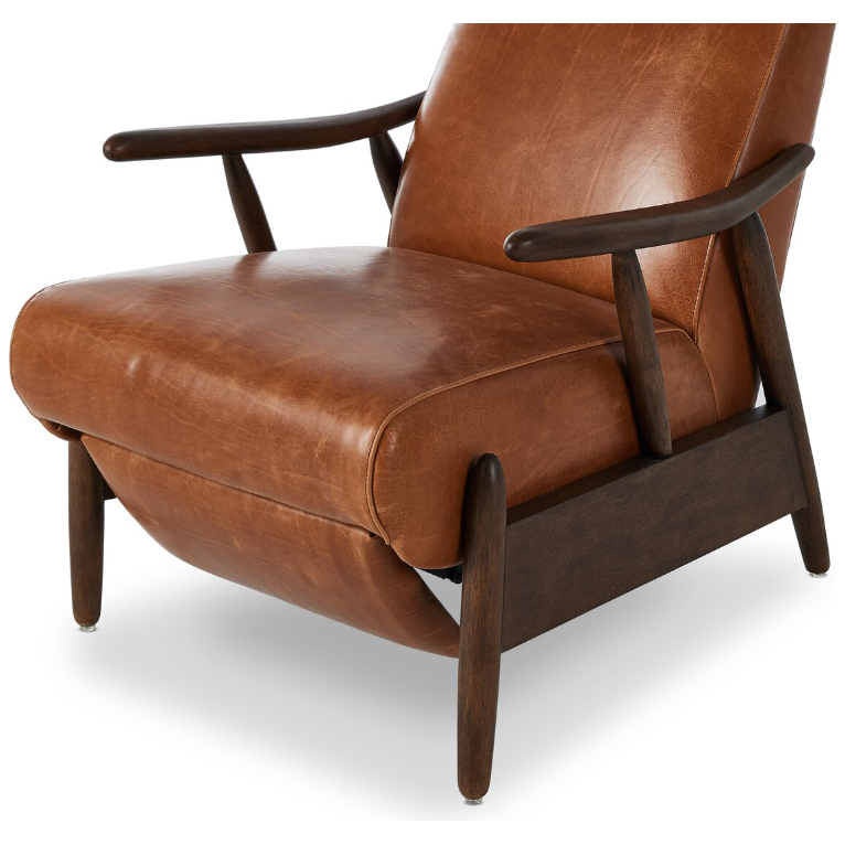The Harrison Leather Recliner is a mid-century modern masterpiece, boasting brown premium leather upholstery and dark wooden arms and legs. Its high backrest and cushioned seat offer unparalleled comfort and style. The slightly tapered wood enhances its vintage aesthetic, making it stand out beautifully against a plain white background.