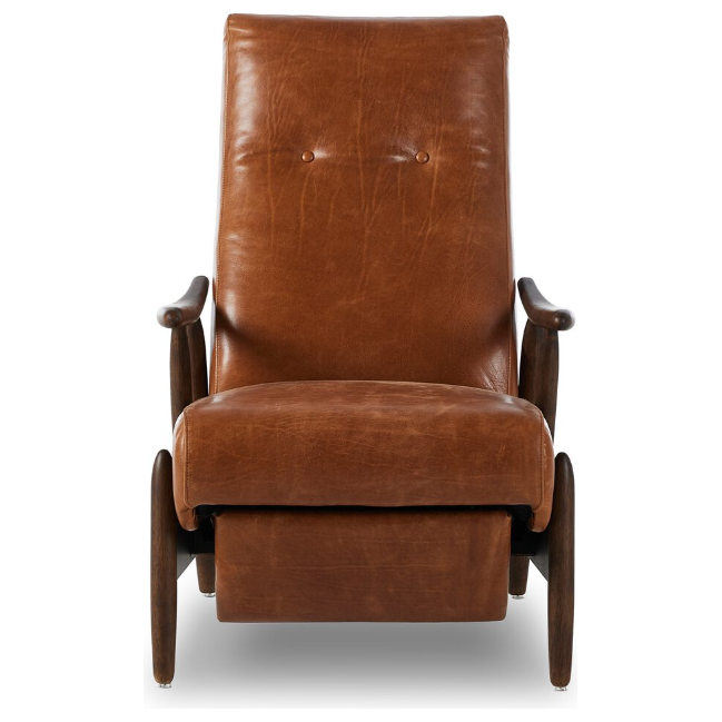 The Harrison Leather Recliner is a mid-century modern chair featuring premium leather upholstery and a minimalist design. It boasts a high backrest with two accent buttons, wooden armrests, and a sturdy wooden frame. The slightly worn leather of the Harrison Recliner adds a touch of vintage appeal to its overall look.
