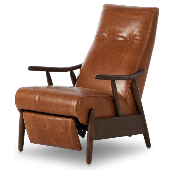 The Harrison Leather Recliner features a mid-century modern design with a high backrest and slightly angled armrests. It is upholstered in premium brown leather with button tufting on the backrest. The chair boasts a dark wood frame and an extendable footrest, delivering a sleek and minimalist aesthetic.