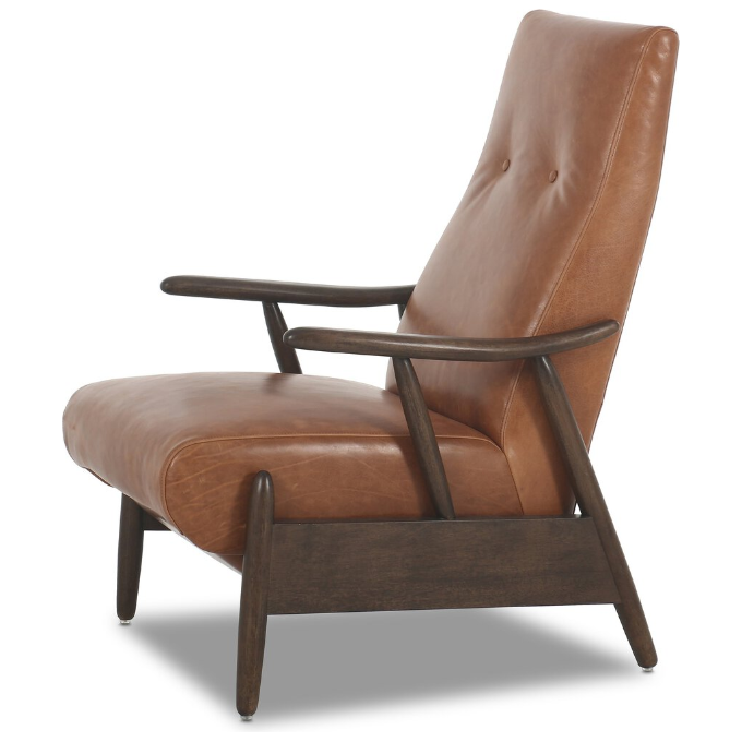 Introducing the Harrison Leather Recliner: A midcentury-modern chair with a high, tufted backrest upholstered in premium leather. It features a wooden frame with angled legs and wide, curved armrests. The design showcases clean lines and a low-seated profile, epitomizing the mid-century aesthetic. This stylish recliner is set against a light gray floor.