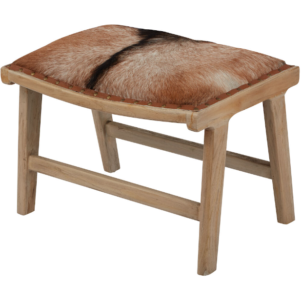 Introducing the Hair on Hide Accent Chair with Ottoman: a statement piece that adds a touch of rural charm to any organic modern design. This rustic chair features a natural finish, hair on hide leather covering, visible stitching, and four sturdy legs beneath its curved seat cushion.