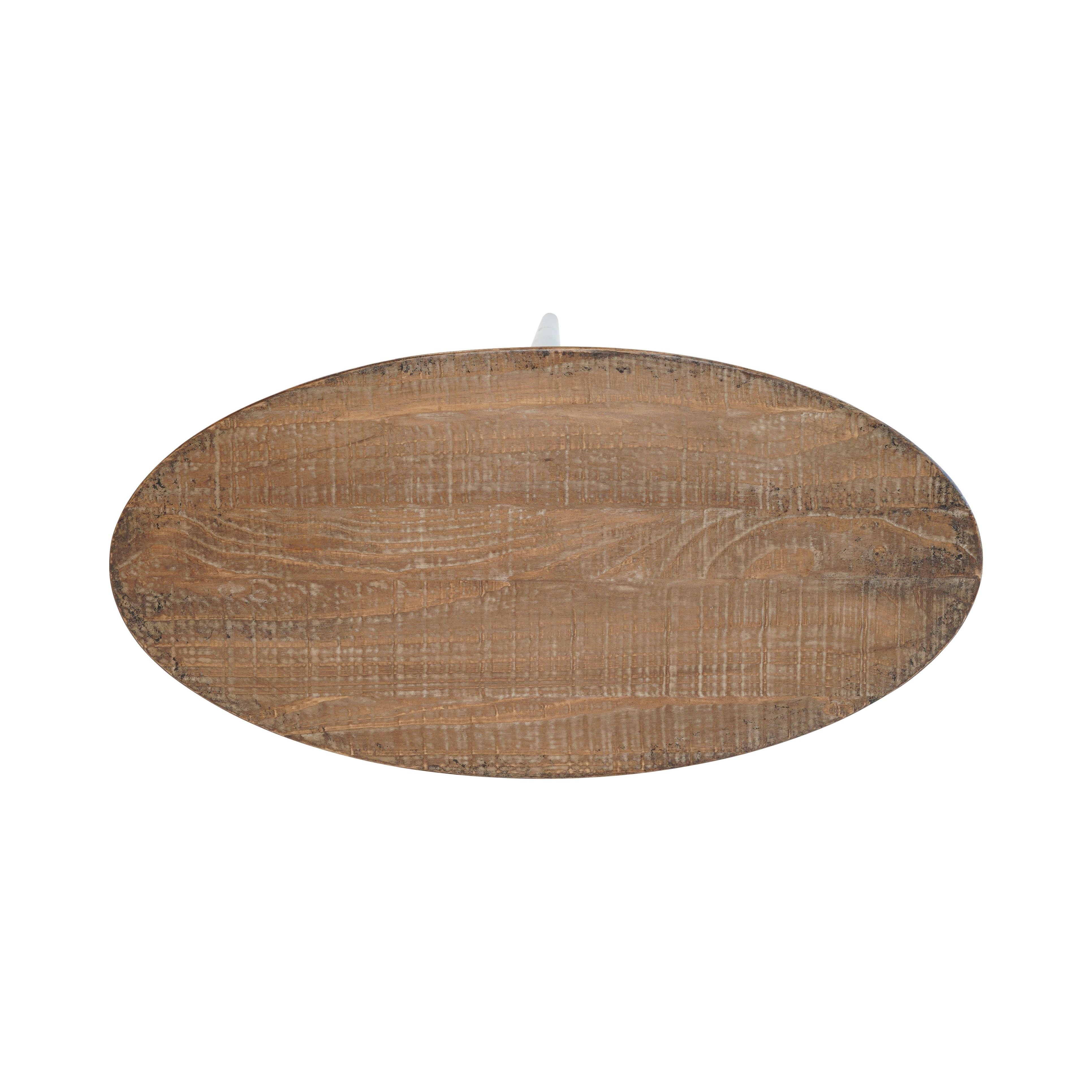 Top view of the Howard Side Table showcasing its oval wooden tabletop with a natural finish that exudes rustic elegance. The textured grain pattern and slightly aged appearance, complete with visible lines and imperfections, add to its unique character. The tabletop is presented on a plain white background.