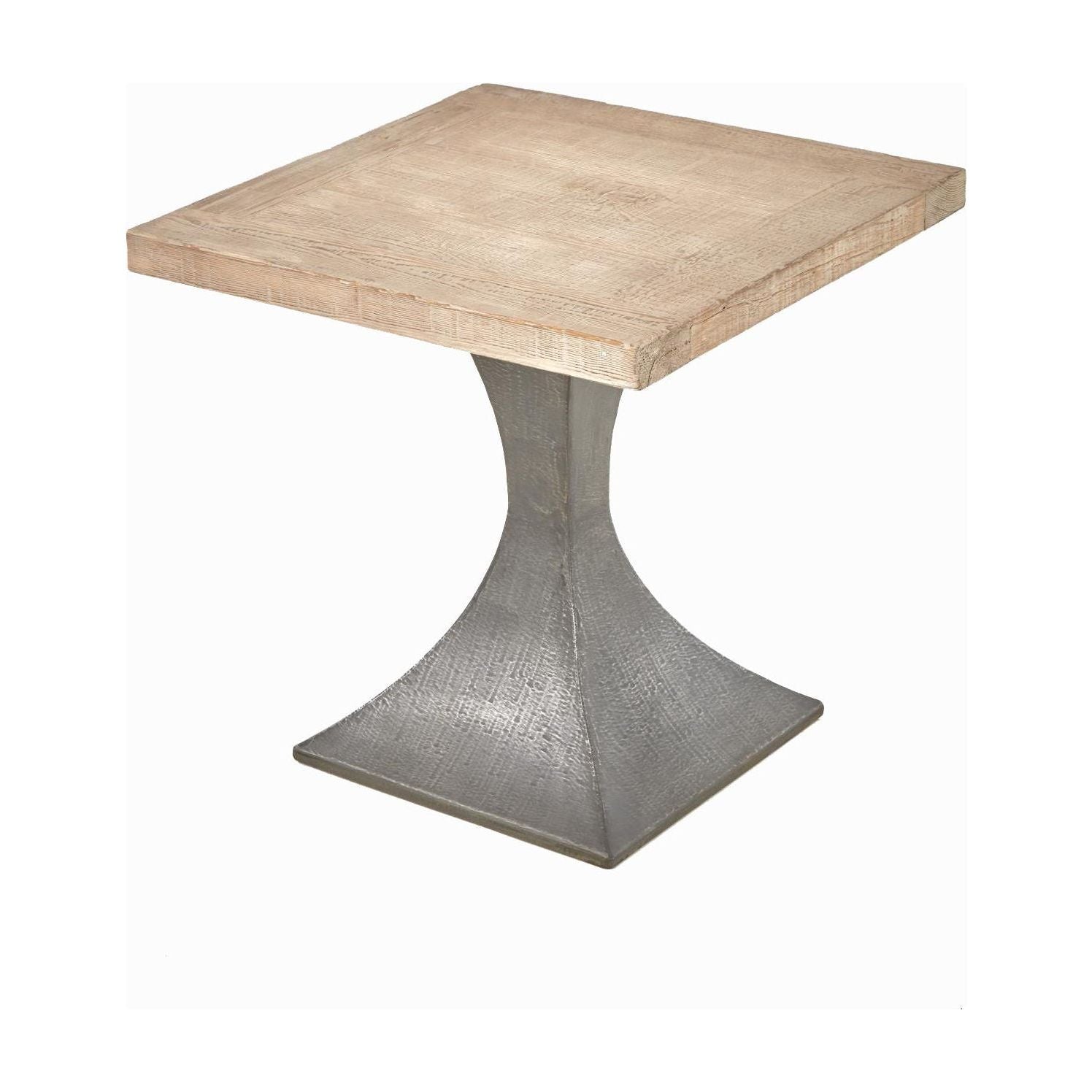 The Iron Pedestal Side Table features a square reclaimed pine top and a textured, flared hand-forged iron base, blending rustic wood with industrial style. Shown on a white background.