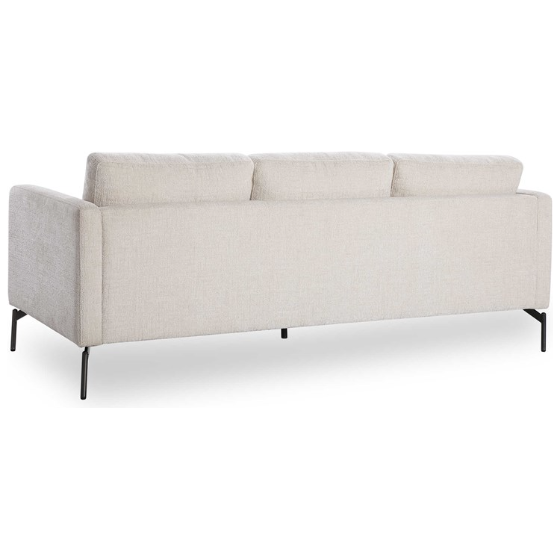The Victory Chenille Sofa, a beige rectangular couch with clean lines and three back cushions, exudes mid-century design. The thin black metal legs add to its modern minimalist appeal, while the slightly elevated cushions offer depth and comfort with a stylish retro flair.