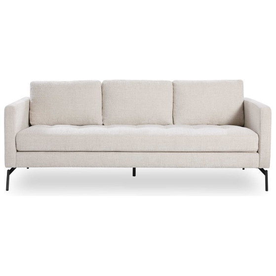 The Victory Chenille Sofa is a modern beige three-seater with clean lines and minimalist design. It boasts stain-resistant fabric, three backrest cushions, a slightly tufted seat, and slim black metal legs for a sleek look, while the upholstery offers a soft, textured feel.
