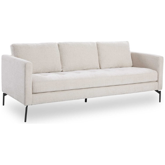 The Victory Chenille Sofa is a modern, beige chenille piece with three cushioned seats and minimalist straight armrests. Supported by thin black metal legs, it exudes sleek mid-century charm. Its soft, textured upholstery is stain-resistant, merging style with comfort.