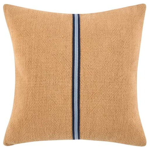 The Johnny Chestnut and Denim Throw Pillow is a 22x22 square tan cushion with textured fabric, featuring a dark blue vertical stripe with narrow white lines, and includes a plush luxury feather down insert.