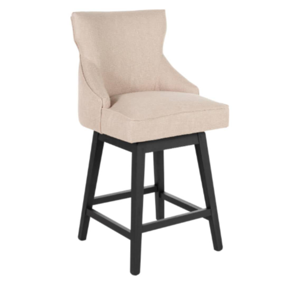 The Letty Swivel Counter Stool, Black, features modern upholstery with a cushioned seat and backrest, slightly flared sides, and a sleek black oak base with footrests for stylish design and exceptional comfort.