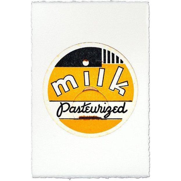 Product Label Description: A vintage design featuring the word "Milk" prominently in bold, yellow lowercase letters and the word "Pasteurized" in an elegant black script font. The background mimics handmade paper with sections of yellow, white, and black, giving it an art deco appearance. Textured edges enhance its distinctive appeal.