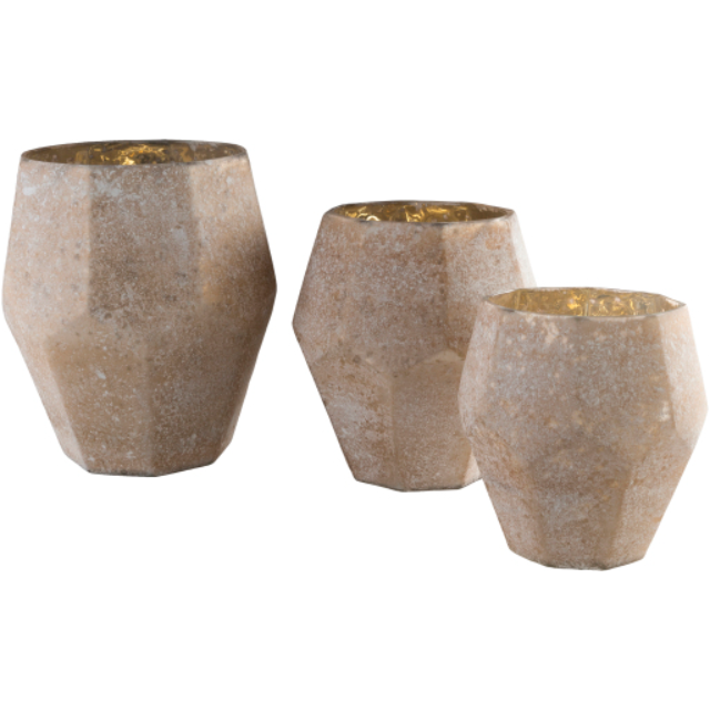 Three "Naja Hurricane" beige geometric vases of varying heights and faceted surfaces are clustered together. Each has a wide top with a reflective gold interior, perfect for modern decor. Their stone-like texture enhances their stylish appeal, ideal for contemporary home settings.