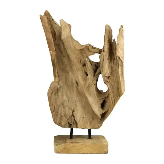This image shows a natural wooden sculpture with an organic, rugged texture. The artwork, resembling the Driftwood Erosion Wood Sculpture, features irregular, jagged edges and a hollow, weathered appearance. It's mounted on a rectangular metal base with supports that showcase the wood's grain and rustic charm.