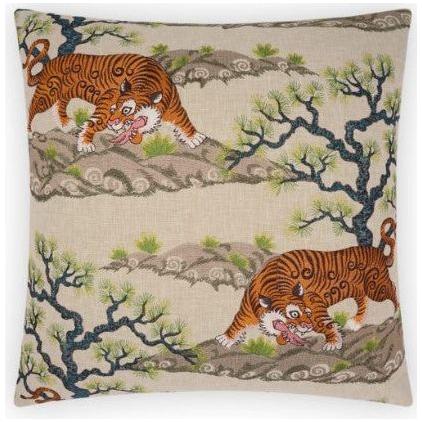 The Panthera Throw Pillow, available in a beige feather-down filling, showcases an intricate design featuring two tigers with striking orange and black stripes set against a backdrop of green and blue trees and rocky terrain. The scene is reminiscent of traditional Asian art, characterized by sinuous lines and meticulous textures that create a dynamic and visually engaging pattern.