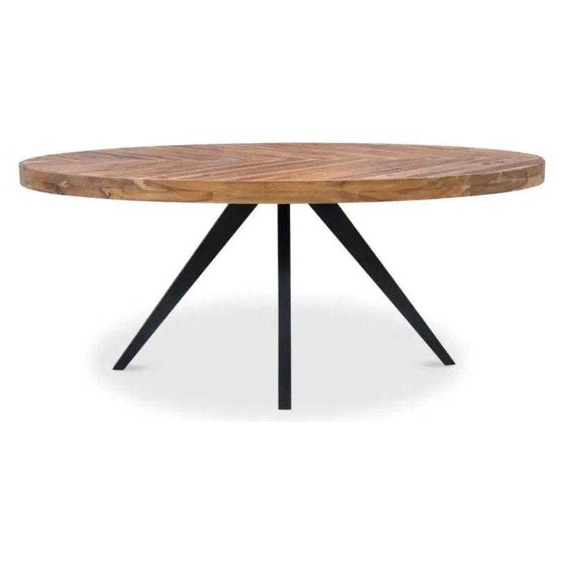 A round wooden Park Oval Dining Table with a solid acacia, parquet-patterned top sits on three black, metal, tripod-style legs. The table features a smooth, light brown finish and an elegant, modern design. The black legs provide a striking contrast to the warm wooden top.