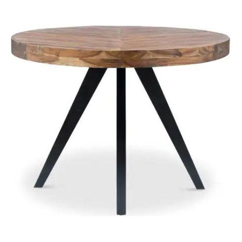 The Park Oval Dining Table features a small, round solid acacia top with a smooth, polished surface and a geometric pattern. The tabletop is supported by three black, angled metal legs that converge at the base, forming a sturdy and modern design. Its minimalist style makes it ideal for various settings.
