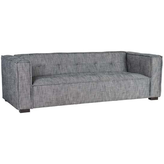 The Princeton Sofa in charcoal is a modern three-seater with a sleek design, tufted detailing, and square armrests. Its low backrest complements the textured polyester-viscose fabric. Short dark wooden legs add contrast to its elegant look.